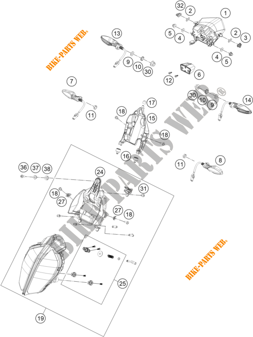KOPLAMP / ACHTERLICHT voor KTM 390 DUKE ORANGE - B.D. 2019